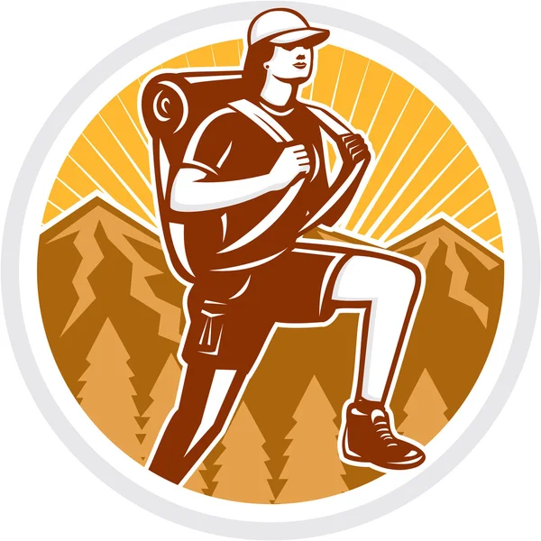 Escursionista femminile Escursionismo Mountain Circle Retro — Vettoriale Stock