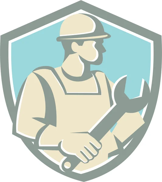 Trabalhador da construção Spanner Escudo Desenhos animados —  Vetores de Stock