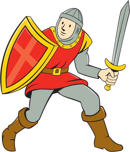 Medieval Knight Shield Sword Standing Cartoon — Stock Vector