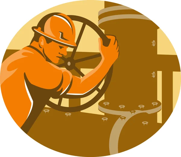 Gas- und Ölarbeiter schließen Rohrleitungsventil — Stockvektor