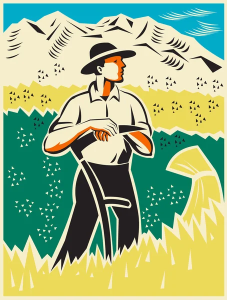 Farmer Standing With Scythe Field Woodcut — Stock Vector