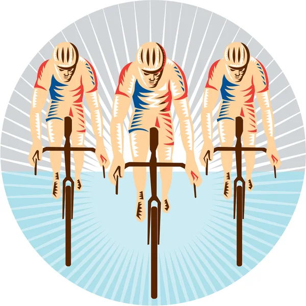 Cyclist Riding Bicycle Cycling Circle Woodcut — Stock Vector