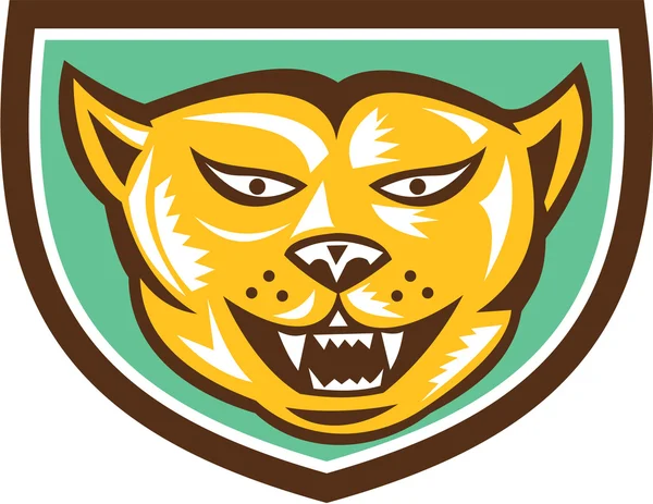 Puma Mountain Lion Head Shield Woodcut — Stock Vector