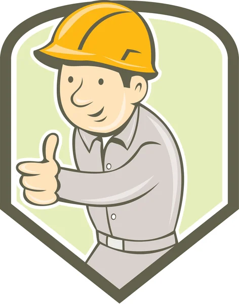 Construtor de construção trabalhador polegares para cima escudo desenhos animados — Vetor de Stock