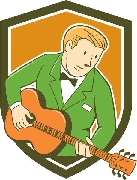 Musicien Guitariste jouant Guitar Shield Cartoon — Image vectorielle