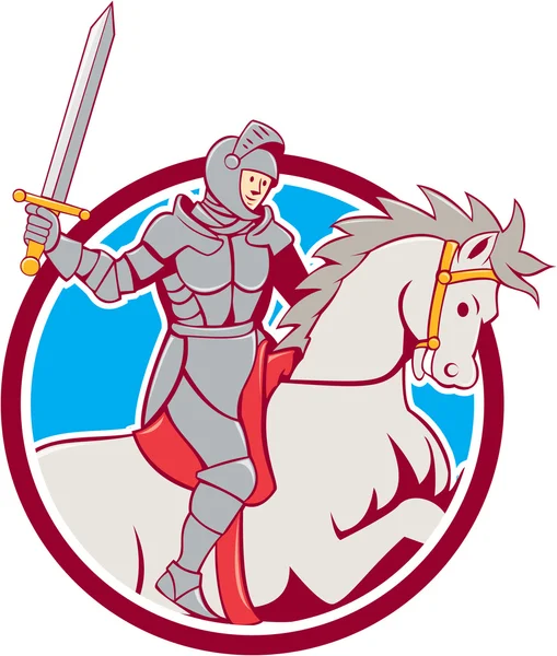 Knight paardrijden paard zwaard cirkel Cartoon — Stockvector