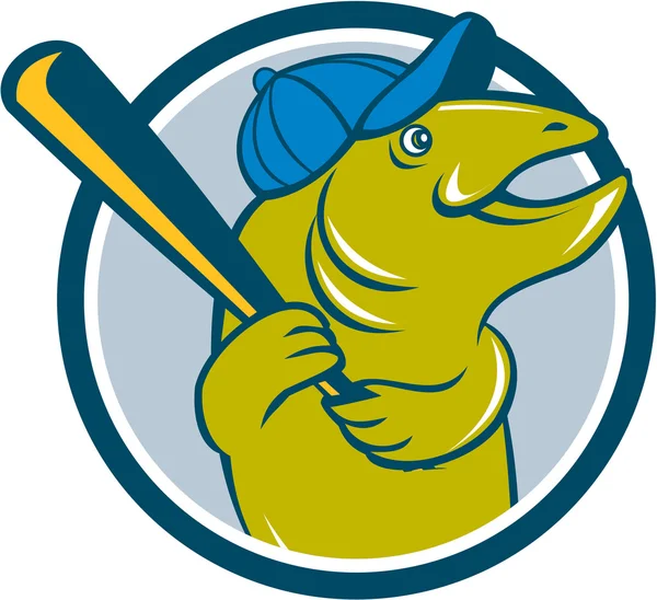 Trout Fish Béisbol círculo de bateo de dibujos animados — Vector de stock