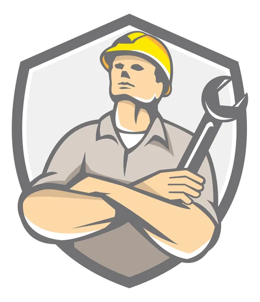 Builder Arms Crossed Wrench Shield Retro — Stock Vector