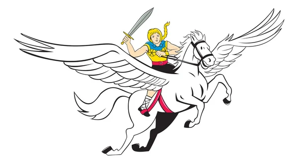 Valkyrie Amazon Guerrero Caballo Volador Dibujos Animados — Vector de stock