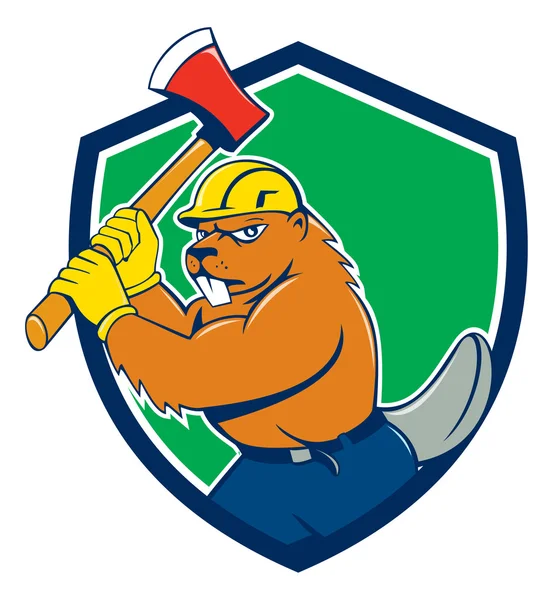 Castor Lumberjack empunhando escudo Ax —  Vetores de Stock