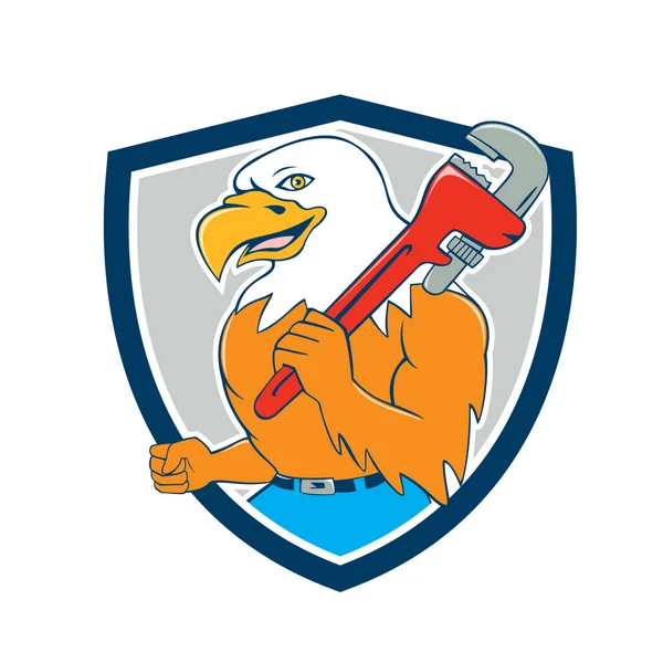 Bald Eagle Plumber Monkey Wrench Shield Cartoon — Stock Vector