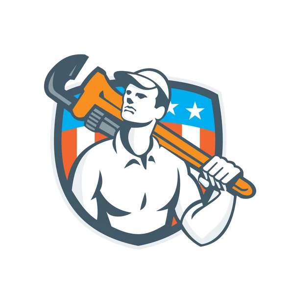 Plumber Holding Wrench USA Flag Retro — Stock Vector