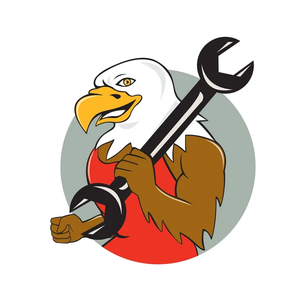 American Bald Eagle mekaniker skiftnyckel cirkel Cartoon — Stock vektor