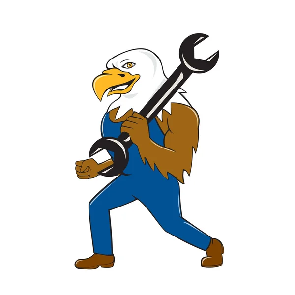 American Bald Eagle mekaniker skiftnyckel Cartoon — Stock vektor