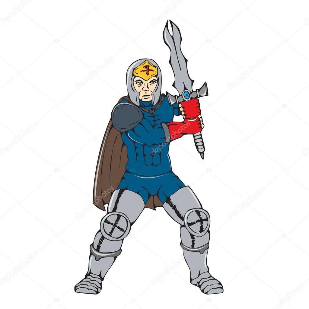 knight with cape brandishing a sword