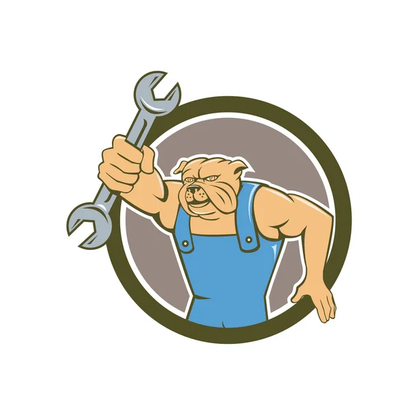 Bulldog plumber holding spanner — Stock Vector