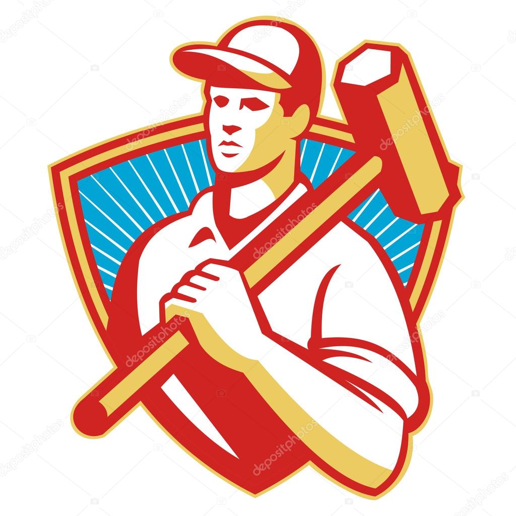 Vector cartoon man builder with a sledgehammer Stock Vector Image