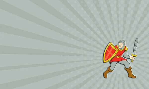 制卡中世纪骑士盾剑站卡通 — 图库照片