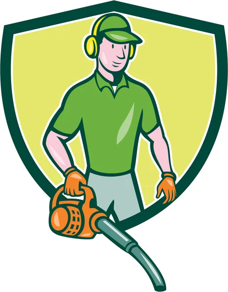 Tuinman Landscaper Leaf Blower Crest Cartoon — Stockvector