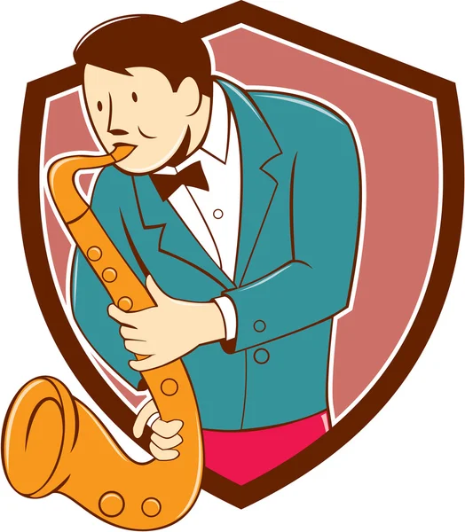 Músico tocando Saxophone Shield Cartoon — Archivo Imágenes Vectoriales