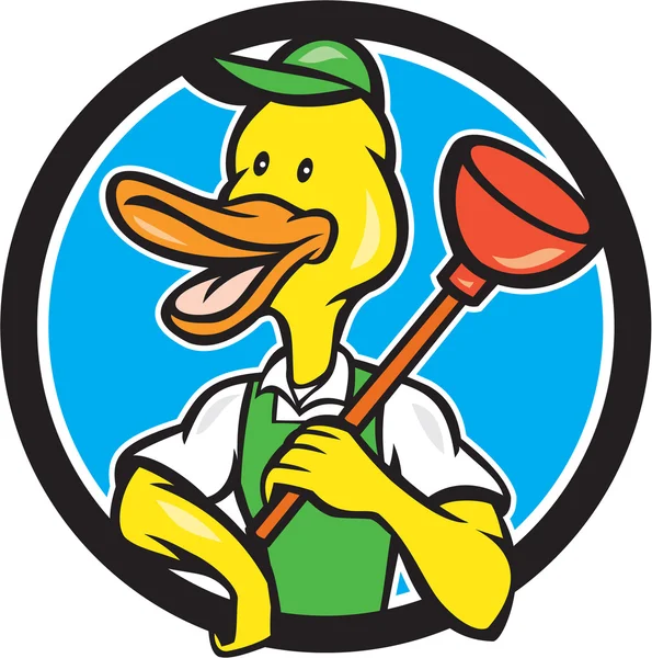 Duck Plumber Holding Plunger Circle Cartoon — Stock Vector