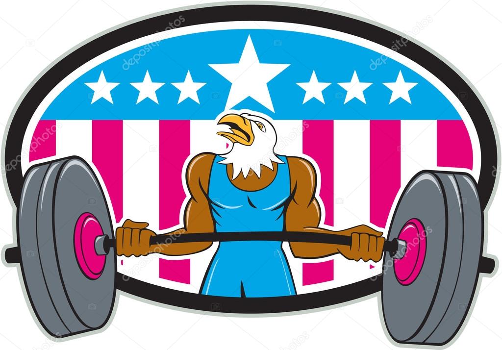 Bald Eagle Weightlifter Barbell USA Flag Oval 
