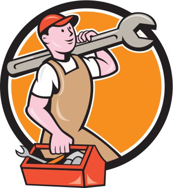 Somun anahtarı araç kutusu daire karikatür taşıyan makinist