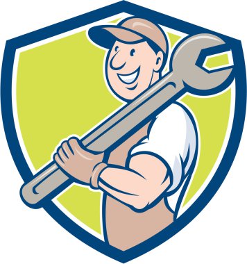 Crest karikatür ayakta Spanner gülümseyen makinist
