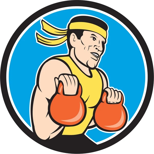 Strongman Levantamiento Kettlebell Circle Cartoon — Vector de stock