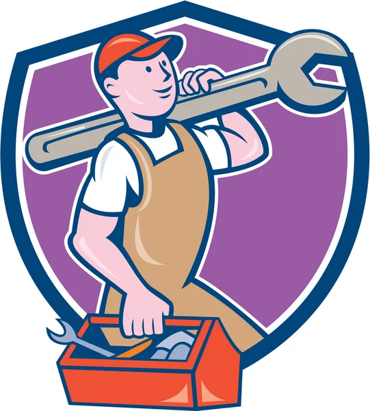 Mechaniker trägt Schraubenschlüssel Werkzeugkiste Wappen Karikatur — Stockvektor