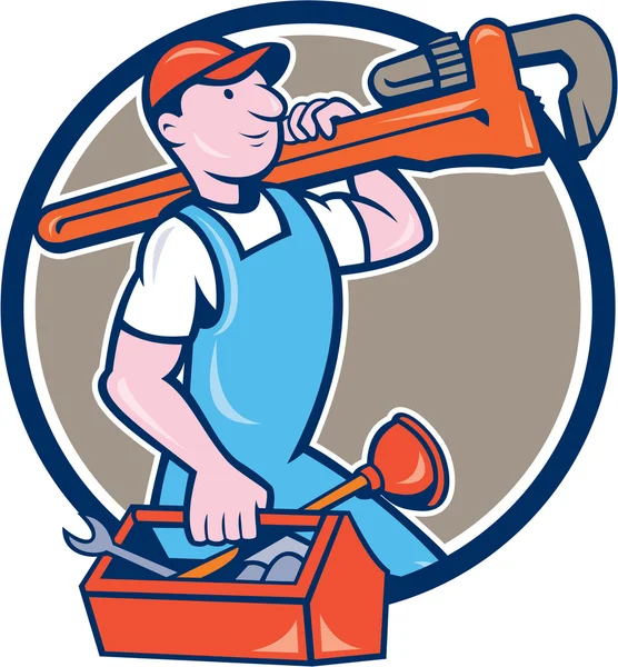 Plumber Carrying Monkey Wrench Toolbox Circle — Stock Vector