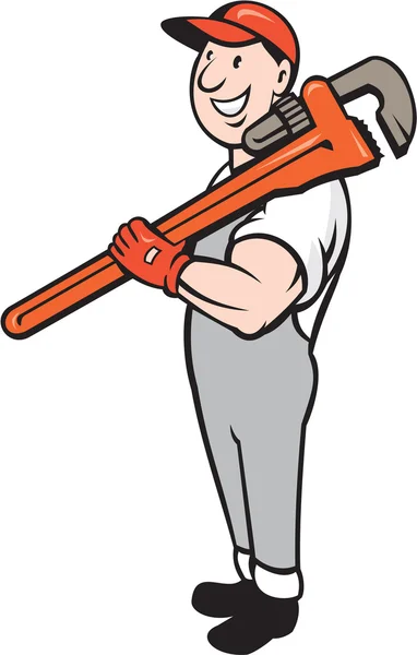 Plumber Smiling Holding Monkey Wrench Isolated — Stock Vector