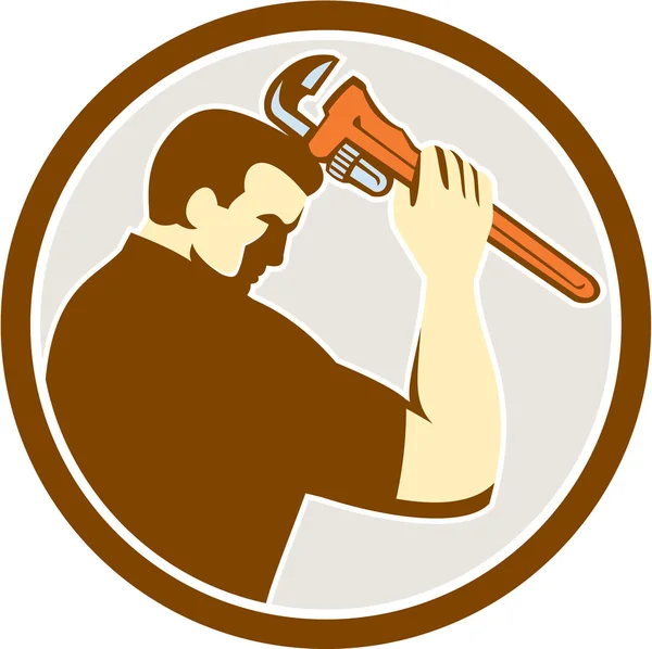 Plumber Holding Monkey Wrench Side — Stock Vector