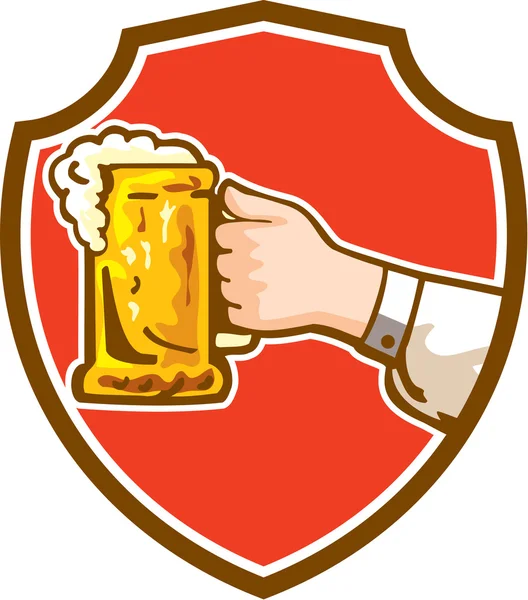 Hand Holding Mug Beer Crest Retro — Stock Vector