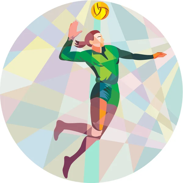 Jugador de voleibol Spiking Ball saltar bajo polígono — Vector de stock