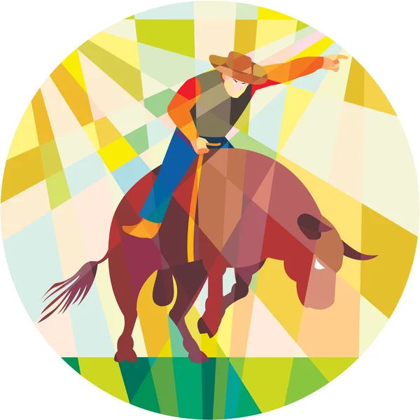 Rodeo cowboy toro equitazione puntando basso poligono — Vettoriale Stock