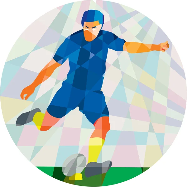 Rugby Player Kicking Ball Circle Low Polygon — Stock Vector