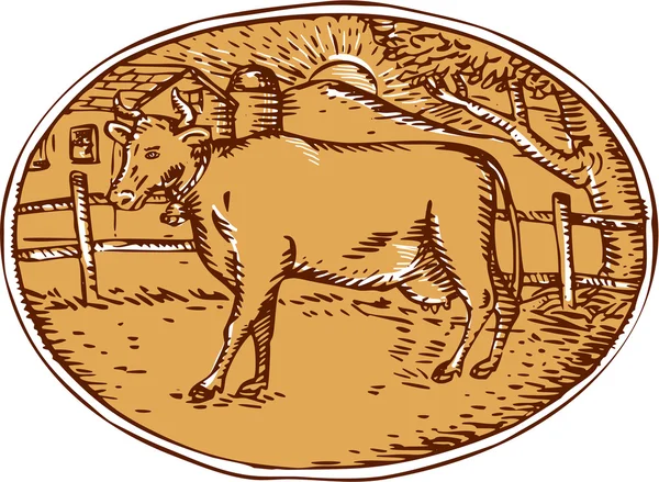 Αγελάδα αγρόκτημα αγρόκτημα σπίτι οβάλ ξυλογραφία — Διανυσματικό Αρχείο