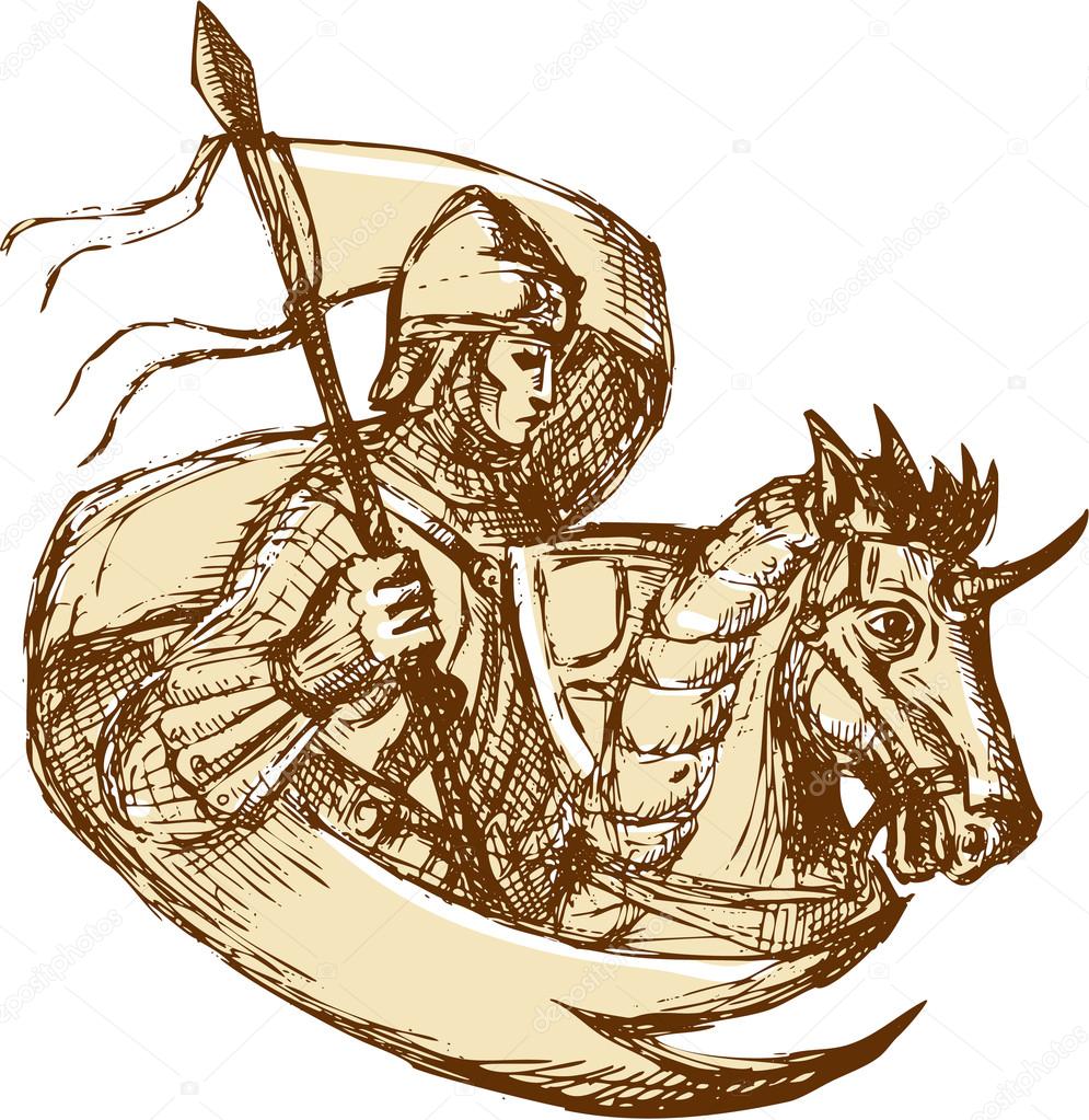 Knight On Horse Holding Flag Drawing