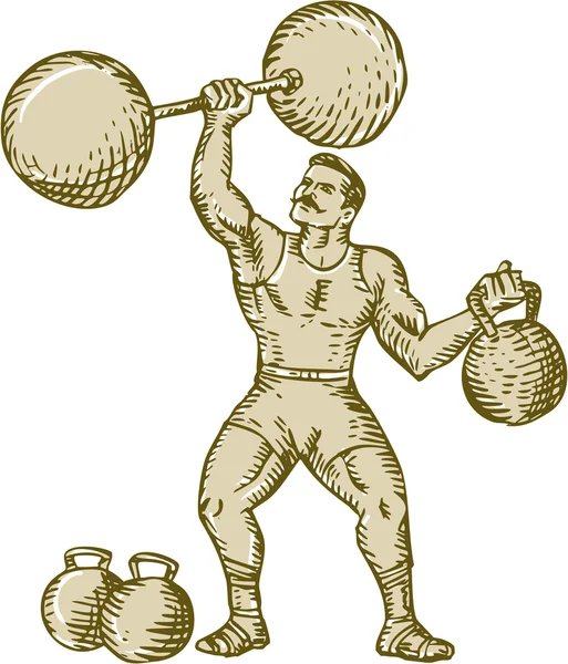 Strongman Lifting Barbell Kettlebell Aguafuerte — Archivo Imágenes Vectoriales