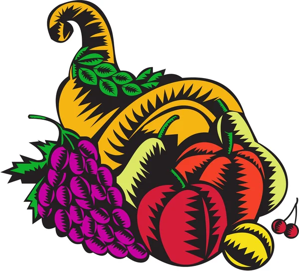 Cornucopia Cosecha de frutas Corte en madera — Vector de stock