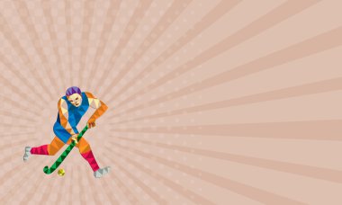 Kartvizit hokey oyuncusu çalışan ile sopa düşük çokgen