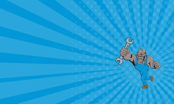 Cartão de visita irritado Gorila mecânico Spanner desenhos animados isolado — Fotografia de Stock