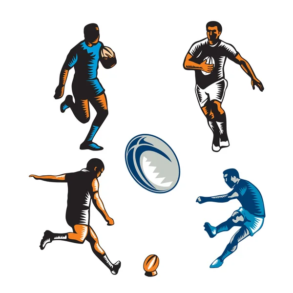 Coleção de xilogravura jogador rugby — Vetor de Stock