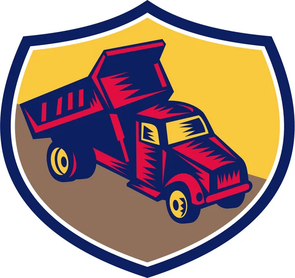 Dump Truck Shield Woodcut — Stock Vector