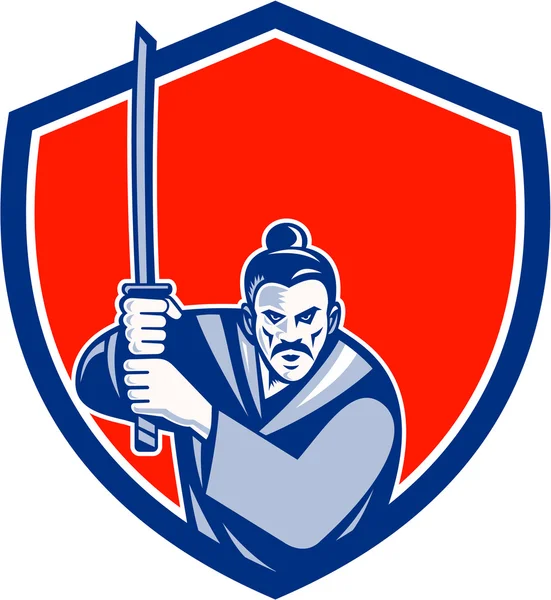 Samurai guerrero katana espada escudo retro — Vector de stock