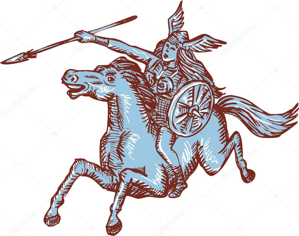 Valkyrie Warrior Riding Horse Spear Etching