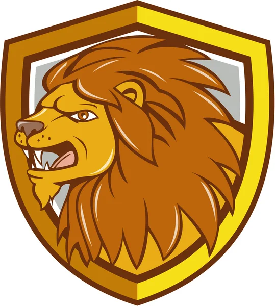 Angry Lion Head Roar Shield Cartoon — Stock Vector