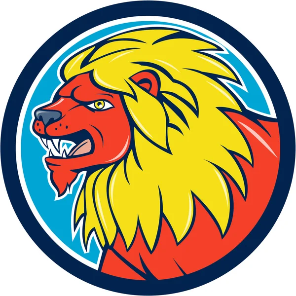 Arrabbiato leone testa ruggito cerchio cartone animato — Vettoriale Stock