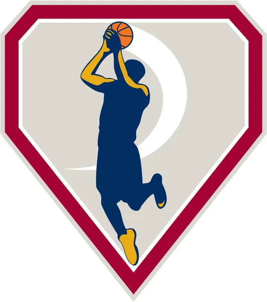 Baloncesto jugador salto tiro bola escudo retro — Vector de stock